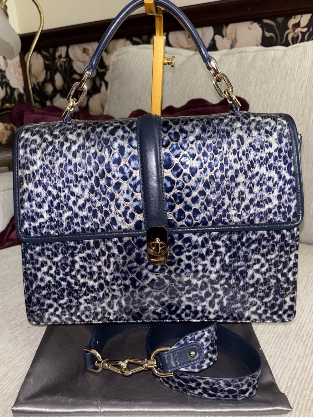 Brahmin Hallie Navy Meadowport Embossed Leather Satchel